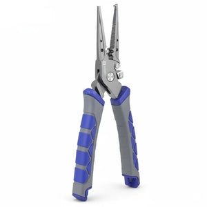 Alicate de Pesca Multifunções Booms visto de frente, virado um pouco para a direita