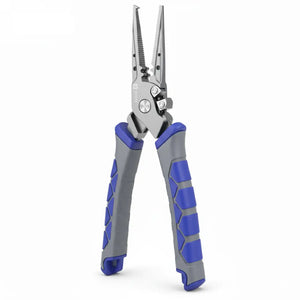 Alicate de Pesca Multifunções Booms mostrado de frente e um pouco para a esquerda, com seu cabo azul e cinza