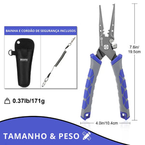 O Alicate de Pesca Multifunções Booms em foco do lado esquerdo, com sua bainha e seu cordão do lado direito, e abaixo seu peso e tamanho