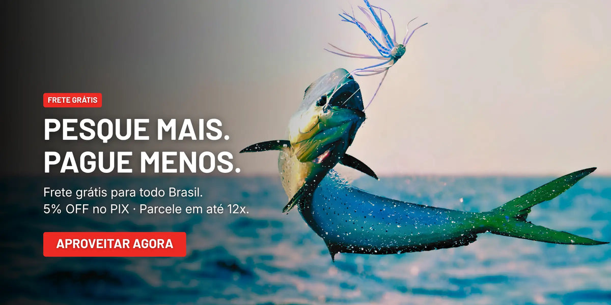 Peixe dourado saltando do mar com uma isca artificial na boca, ao lado esquerdo do banner informações sobre frete grátis e parcelamento