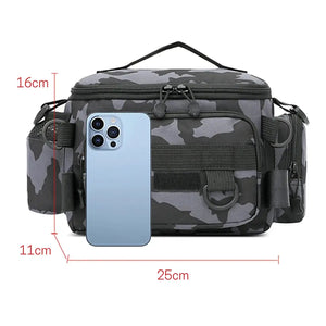 As medidas em comprimento, largura e profundidade da Bolsa de Pesca Zanter Compact, ao lado da bolsa tem um smartphone para comparar o tamanho da bolsa