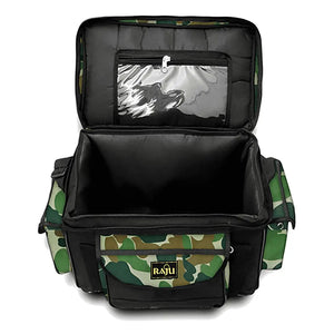 A Bolsa de Pesca Zanter Raju Camuflada com seu compartimento principal aberto, mostrando sua capacidade