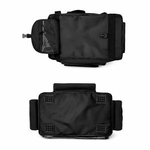 A Bolsa de Pesca Zanter Raju Preta sendo mostrada na parte de cima e na parte de baixo, com destaque para seus 4 pés em borracha