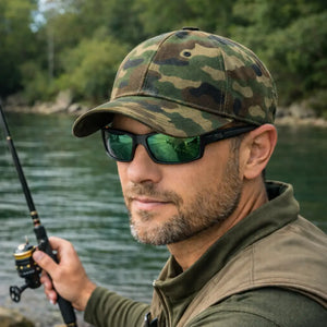 Um pescador segurando uma vara de pesca e usando o Boné de Pesca Zanter Hunter Camuflado e um óculos de sol com lentes verdes, ao fundo um rio em desfoque