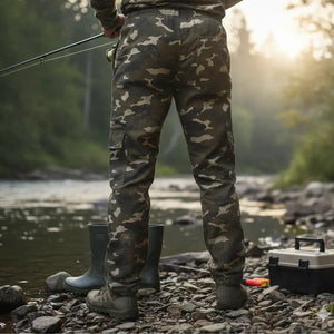 Um pescador na margem de um rio pescando e usando a Calça Tática Masculina Zanter Camuflada Verde