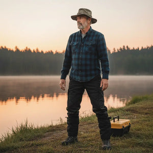 Um pescador visto de frente usando a Calça Tática Masculina Explorer Preta