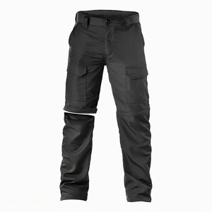 A Calça Tática Masculina Vira Bermuda preta vista de frente, com foco em sua parte demovível da perna