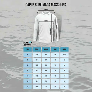 Medidas dos tamanhos da Camisa de Pesca Mar Negro Sublimada Capuz