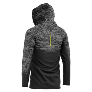 Camisa de Pesca Mar Negro Sublimada Capuz Chumbo vista de costas, com seus detalhes na cor cinza escuro e amarelo