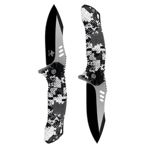 O Canivete Tático Albatroz Krait apresentado com sua ponta para cima e com sua ponta para baixo