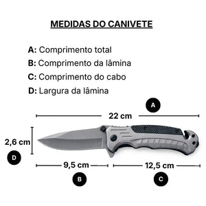 As medidas em comprimento total, comprimento da lâmina, comprimento do cabo e largura da lâmina do Canivete Tático Cromo