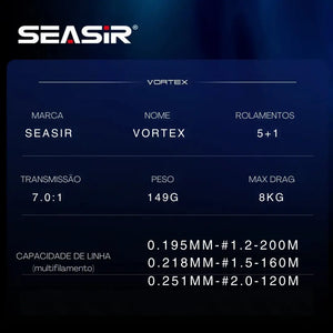 Especificações técnicas da Carretilha Seasir Vortex com dados de transmissão, peso, drag máximo, rolamentos e capacidade de linha