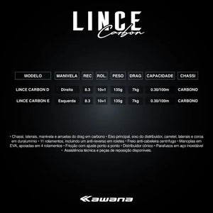 Informações técnicas da Carretilha Lince Carbon