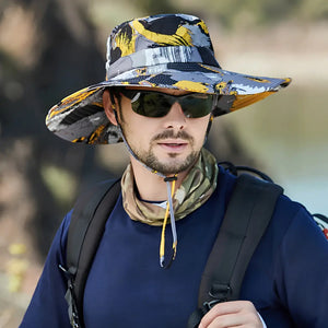 Chapéu de Pesca Urban Camo amarelo com aba larga e cordão ajustável em pescador