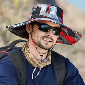Chapéu de Pesca Urban Camo vermelho usado por pescador ao ar livre