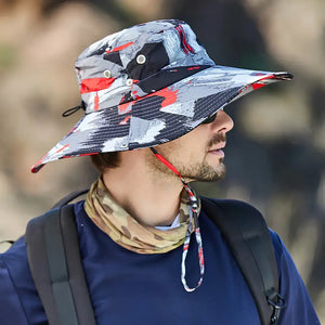 Chapéu de Pesca Urban Camo vermelho com aba larga e detalhes de ventilação lateral