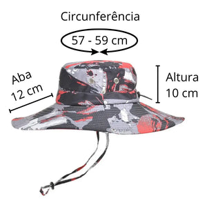 Chapéu de Pesca Urban Camo com medidas de 57 a 59 cm, aba de 12 cm e altura de 10 cm