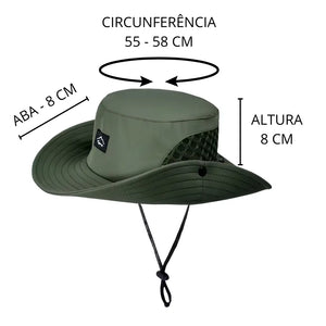As dimensões em circunferência total, largura da aba e altura do Chapéu de Pesca Zanter Air Trek