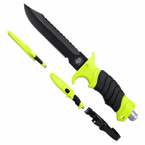 Acima está a Faca de Pesca Albatroz Astra e abaixo tem ela dentro de sua bainha em dois ângulos diferentes, além de sua alça de prender na perna