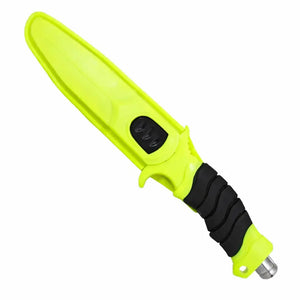 A bainha de proteção na cor verde com a Faca de Pesca Albatroz Astra dentro dela, abaixo tem o seu sistema de quebrar vidros