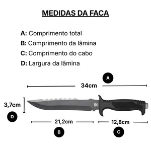 As medidas em comprimento total, comprimento da lâmina, comprimento do cabo e largura da lâmina da Faca de Pesca Albatroz Ritf