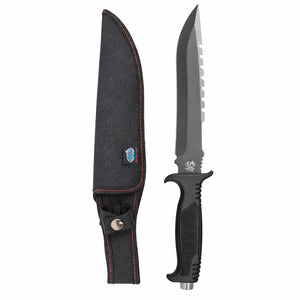 A Faca de Pesca Albatroz Ritf vista do lado direito e do lado esquerdo está sua bainha de proteção em nylon