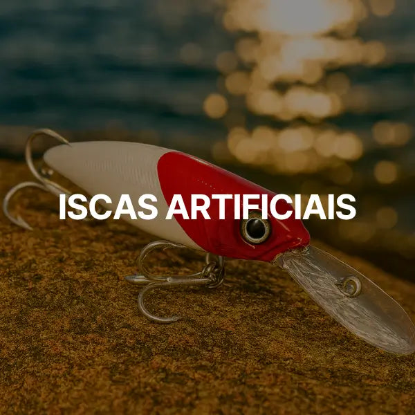 Isca artificial de pesca com garateia em cima de uma pedra na costeira, com o mar ao fundo.