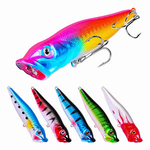 As 6 cores da Isca Artificial Popper Pro sendo apresentadas, com a cor palhacinho em foco principal