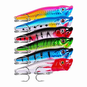 Isca Artificial Popper Pro com 6 cores diferentes sendo apresentadas, uma acima da outra