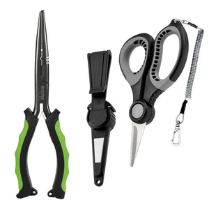 Do lado esquerdo o alicate de pesca bico longo carbon verde, e do lado direito a tesoura de pesca cut pro, com sua bainha e seu cordão
