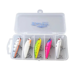 Kit Isca Artificial Minnow Wave com estojo plástico aberto em em pé mostrando cinco iscas tipo minnow
