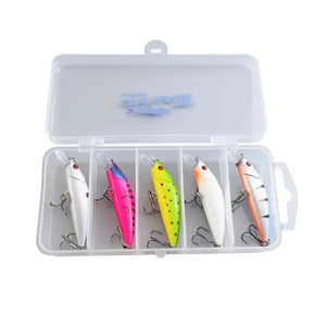Kit Isca Artificial Minnow Wave com estojo plástico aberto exibindo cinco iscas de cores diferentes do tipo minnow alinhadas