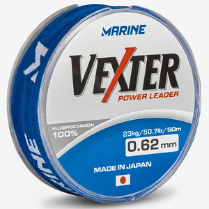 Carretel da Linha Fluorcarbono Marine Vexter 0.62mm visto de frente e um pouco de lado, com suas especificações amostra