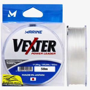 Caixa da Linha Fluorcarbono Marine Vexter do lado esquerdo, e seu carretel visto de lado, ao lado esquerdo