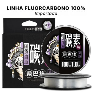 A caixa da Linha Fluorcarbono Zanter Kenshi à esquerda, com dois carretéis à direita, um deitado e o outro em cima dele