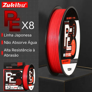 Carretel da Linha multifilamento Zukibo 8 fios na cor vermelha apresentado do lado direito, com informações ao lado esquerdo