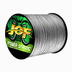 Carretel da linha multifilamento Jof Power 4x na cor cinza em foco, vista de lado