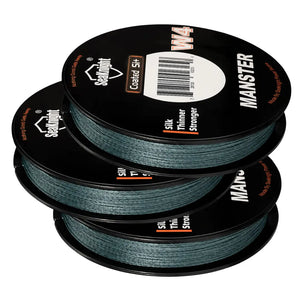 Três carretéis da Linha Multifilamento Manster W4 na cor cinza empilhados um em cima do outro