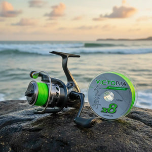 Linha Multifilamento Maruri Victoria 8 Verde e um molinete de pesca com linha verde, ambos em cima de uma pedra na costeira