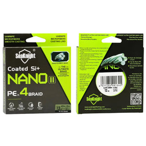 A caixa da Linha Multifilamento Nano II 4x sendo exibida de frente e de costas