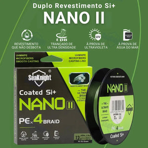 A caixa da Linha Multifilamento Nano II 4x do lado esquerdo, e do lado direito seu carretel, e informações escritas em acima