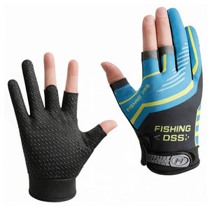 Duas mãos usando a Luva de Pesca Zanter Axis na cor azul, uma mão está mostrando a parte de cima da luva e sua estampa, enquanto a outra apresenta a parte da palma da luva antiderrapante