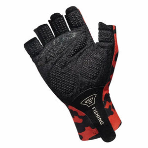 A Luva de Pesca Pro Hand na cor camuflada vermelha com sua palma em tela preta virada para frente