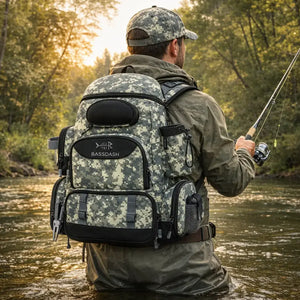 Um pescador dentro de um rio, com uma vara de pescar na mão e usando a Mochila de Pesca Bassdash X Camuflada