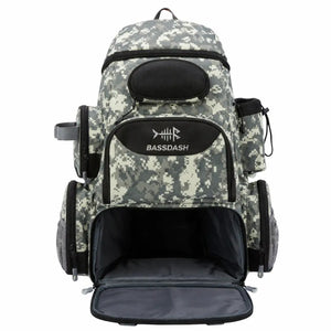A Mochila de Pesca Bassdash X Camuflada mostrada de frente, com seu compartimento inferior principal aberto