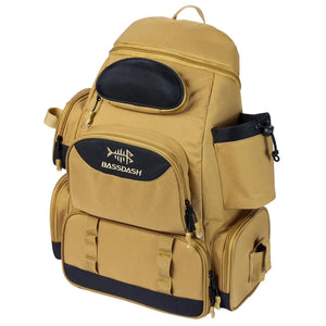 A Mochila de Pesca Bassdash X Caqui vista na diagonal, com o fundo branco