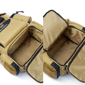 Duas imagens da Mochila de Pesca Bassdash X Caqui, mostrando seu painel móvel no compartimento inferior principal