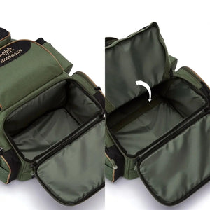 Duas imagens da Mochila de Pesca Bassdash X Verde, mostrando seu painel móvel no compartimento inferior principal