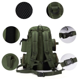 Mochila de Pesca Bassdash X Verde no centro e ao redor imagens de seu acabamento e componentes