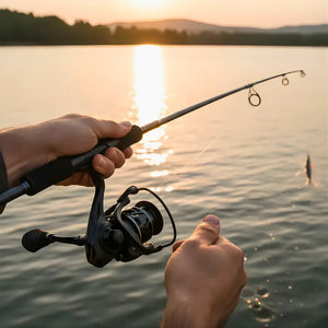 Um pescador pescando com uma vara de pesca e com o Molinete Kasting Zephyr, ao fundo tem um lago desfocado